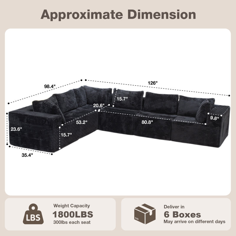 Koli 126" U-Shaped Compression Sectional Couch for 5, Corduroy Cloud Couch, Black