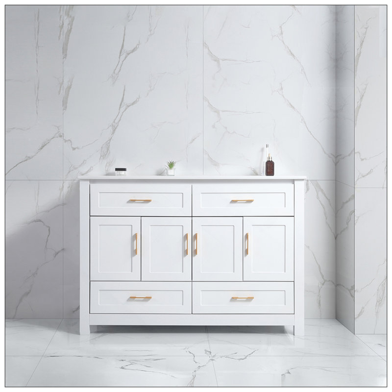 Meuble-lavabo polyvalent avec lavabo en céramique, armoire de rangement abondante - 4 portes à fermeture douce et 4 tiroirs