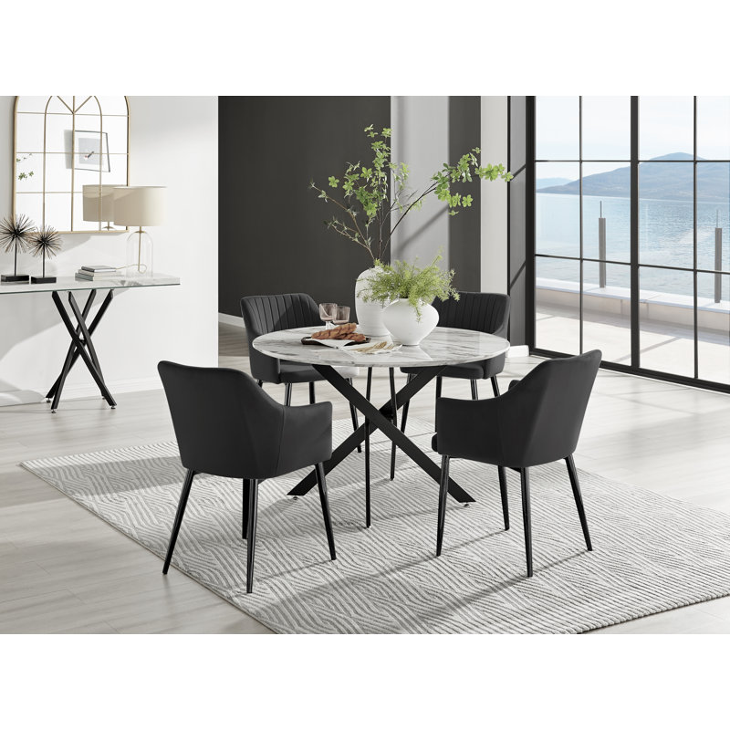 Tierra Modern Chrome Metal & Glass Round Dining Table Set with 4 Luxury Button Velvet Chairs, Black