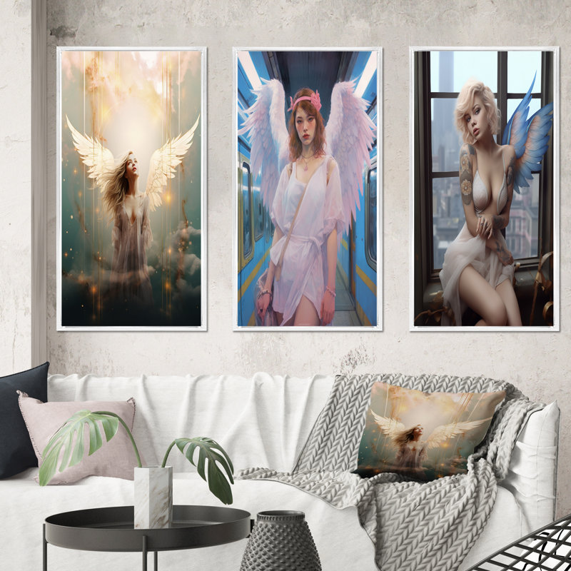 «Glorious Ascendant Angel», 3 pièces, H 20 po x l 36 po, Cadre flottant blanc