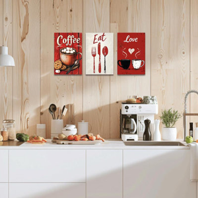 Kitchen Canvas Wall Art 3 Pieces Red Black White Coffee Picture Vintage Knife And Fork Painting Coffee Shop Cafe Decor Framed(Red,12.00"X16.00"X3pcs)