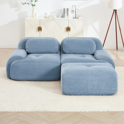Canapé d'angle de 82 pouces en velours côtelé doux, design modulable, multiples combinaisons, accoudoirs incurvés, aucun assemblage requis, mousse haute résilience, idéal pour le salon, le coin détente et la chambre, bleu