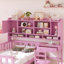 Lit simple en bois avec bureau productif, chaise harmonieuse et bibliothèque intégrée, bibliothèque glamour rose-500052300