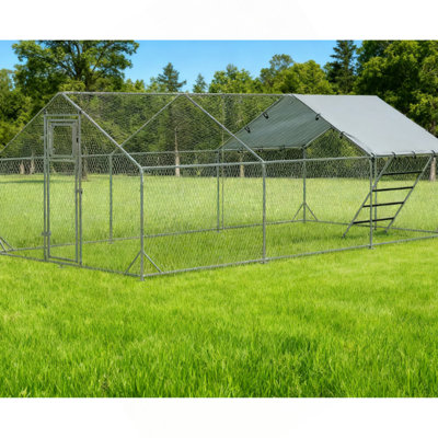 Poulailler en métal avec couvercle imperméable anti-UV, porte d'alimentation et mangeoire suspendue