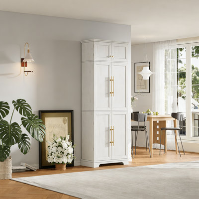 Grand garde-manger de style campagnard avec 8 tablettes de porte, rangement réglable, tiroir caché, support à vin, armoire polyvalente pour espaces modernes et traditionnels