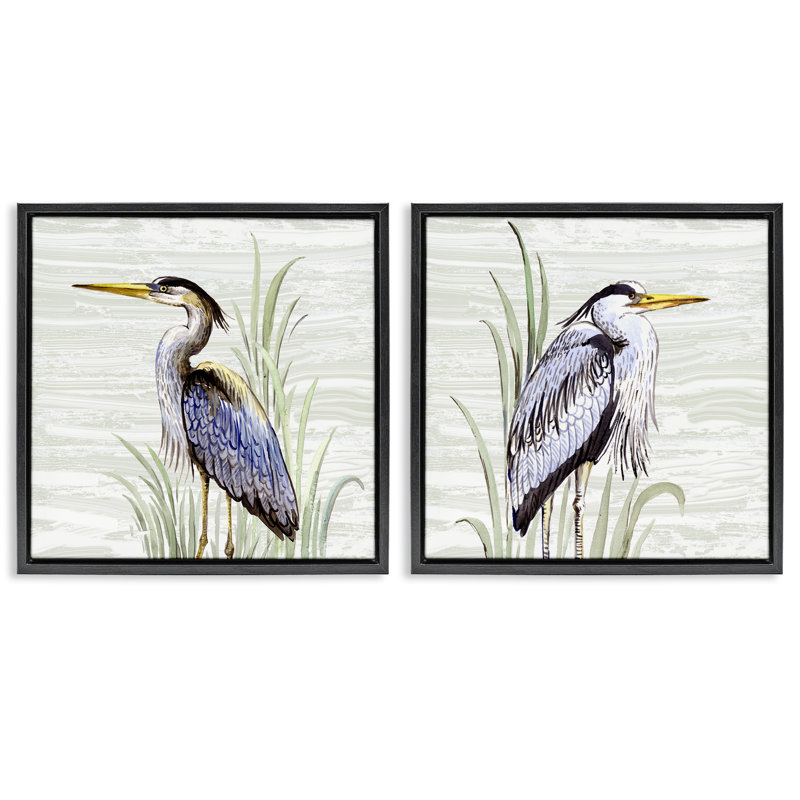 Ensemble de 2 toiles flottantes encadrées dorées "Coastal Birds on Birch" par Elena Vladykina, Cadre flottant noir de jais