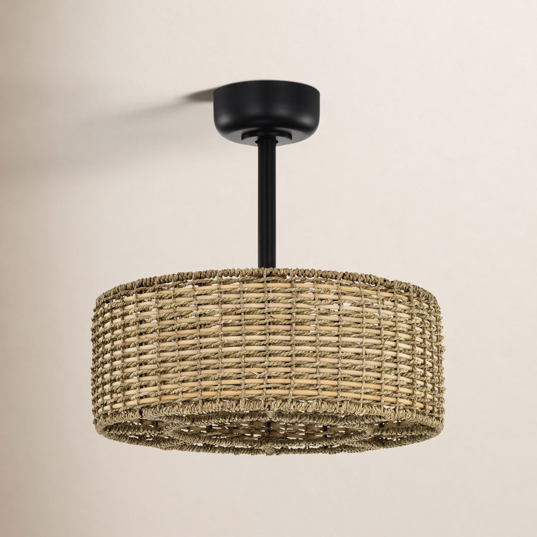 19.1" Farmhouse Remote Control Reversible Black Rattan Caged Downrod Mount Flush Mount Ceiling Fan With Lighting Kits For Living Room/Bedroom Bay Isle Home™