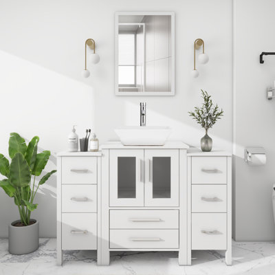 Sharee Freestanding Single Bathroom Vanity With Ceramic Vessel Sink, Manufactured Wood Top, 2 Side Cabinets