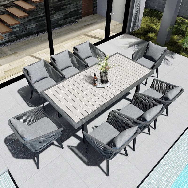 Ensemble de salle à manger 9 pièces pour patio moderne en osier avec structure en acier inoxydable (8 places assises), Gris