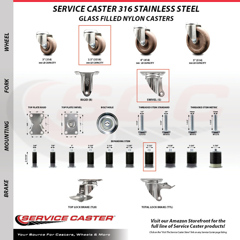 Stem Caster, 3.5" H x 3.5" W