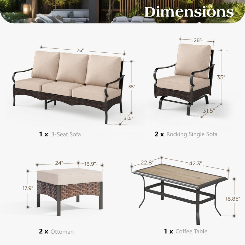 Ensemble de conversation à bascule d'extérieur, 4 pièces: table, 2 chaises, canapé, Beige