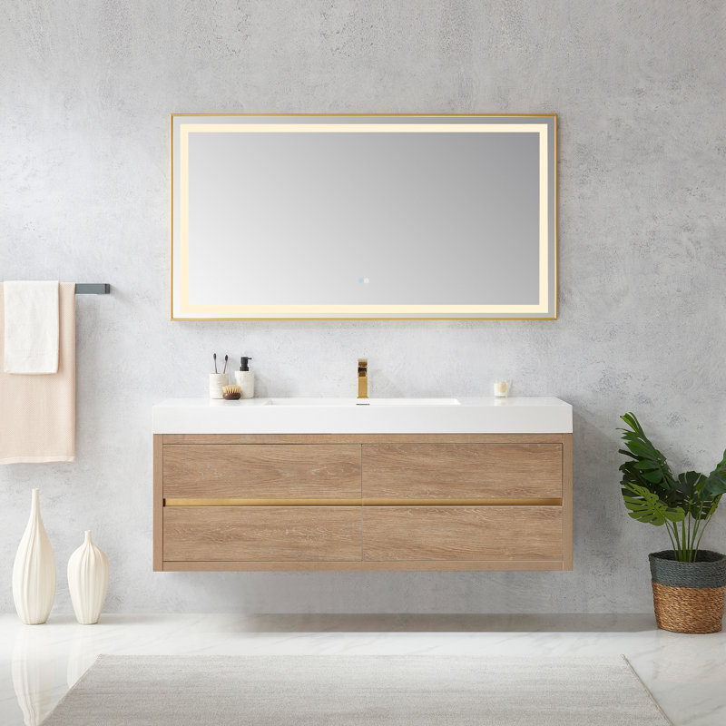 Vali 59.8'' Single Bathroom Vanity with Top, North American Oak Finish, White