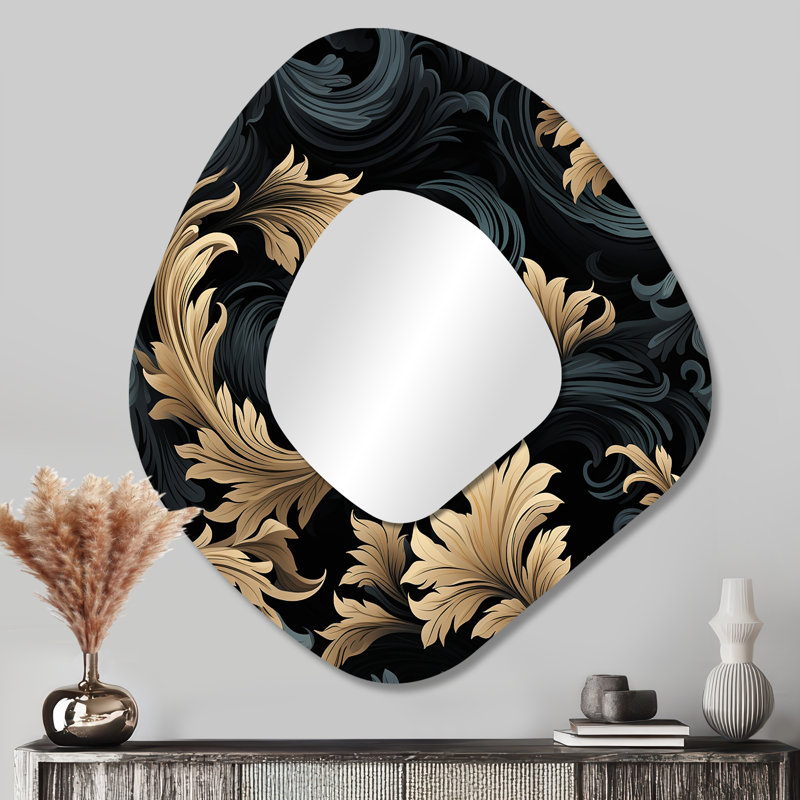 Black And Gold Damask Flower Blossoms III - Damask Unique Shape Unique Wall Mirror Decor, Black Asymmetrical Large Mirror, Printed Metal Art