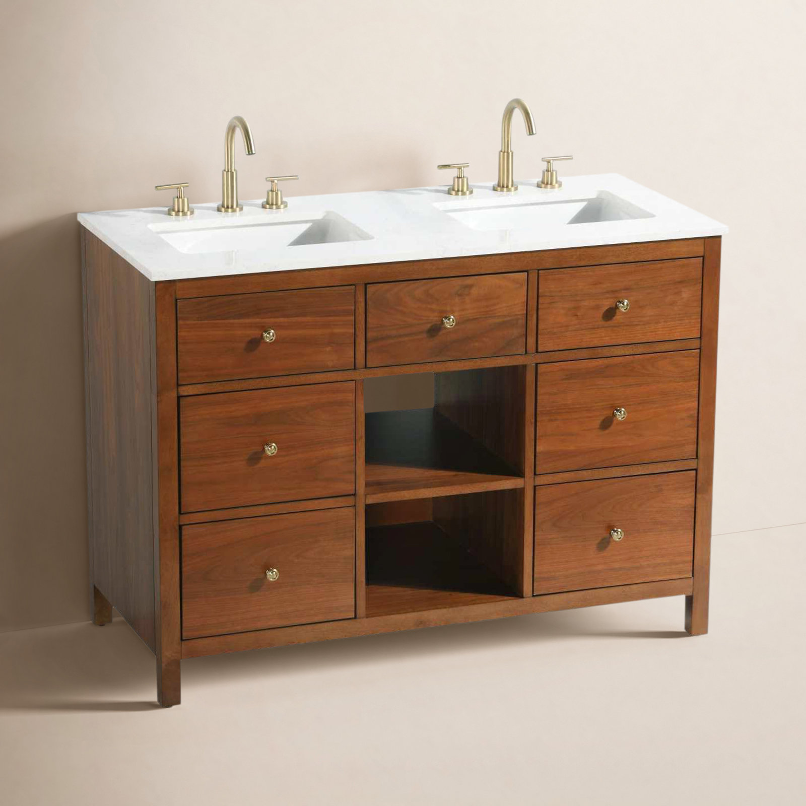 Double Bathroom Vanity, Brandy Walnut/Gold, 48"