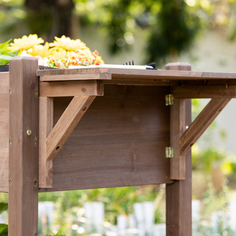 Brown Wooden Raised Garden Bed with Storage Shelf