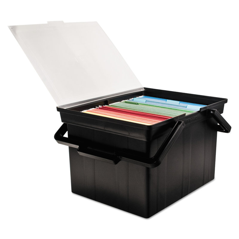 Black Portable Plastic File Box with Hinged Lid and Handles