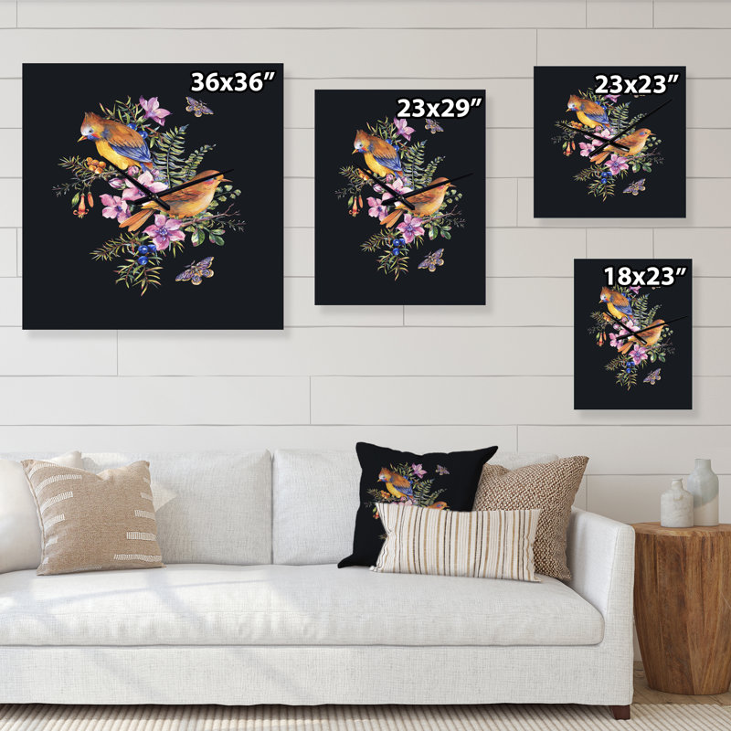 Horloge murale Petit oiseau sur un bouquet de fleurs sauvages II, Moyen