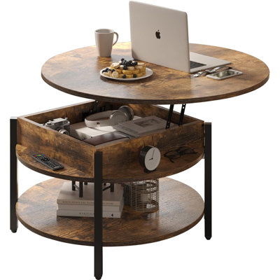 Round Lift Top Coffee Table With Hidden Storage, 2-Tier Farmhouse Design For Living Room, Multifunctional Small Circle Table With Adjustable Height