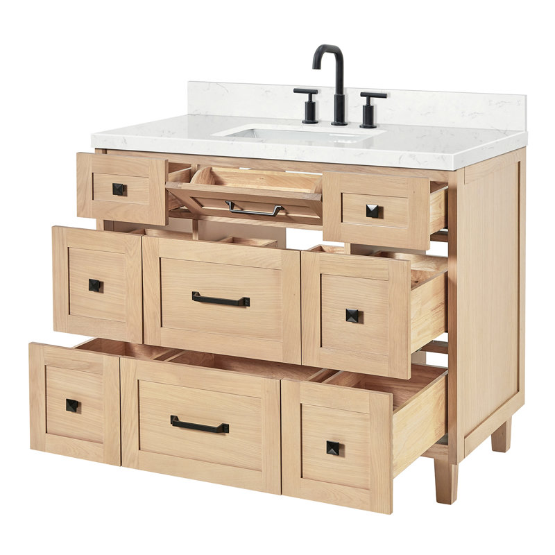 Meuble-lavabo simple en bois massif ARIEL Monroe, Chêne, 42" - 43", Carrara White Quartz