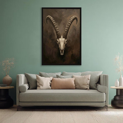 Goat Skull with Horns Black Floater Framed Canvas Wall Art Realistic Oil 36" H x 24" W Western Decor for Home Office