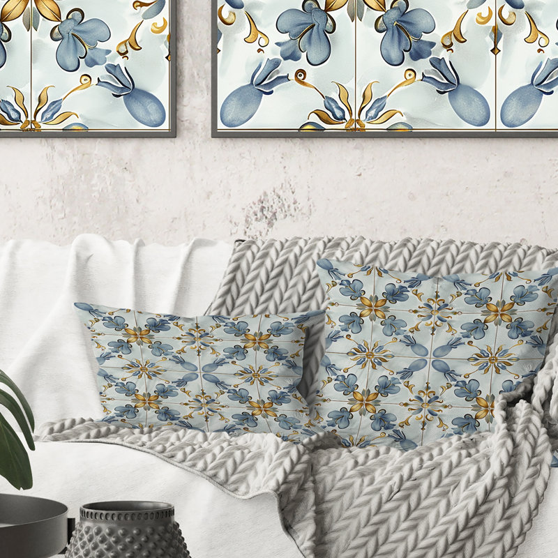 Carrelage rétro bleu poudre et doré I - Coussin Farmhouse, H 18 po x l 18 po, Carrée
