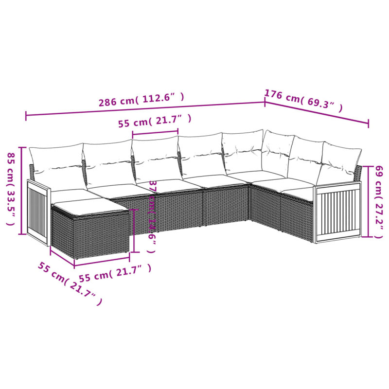 Ensemble de canapé de jardin en rotin PE Vidaxl, acier thermolaqué, polyester