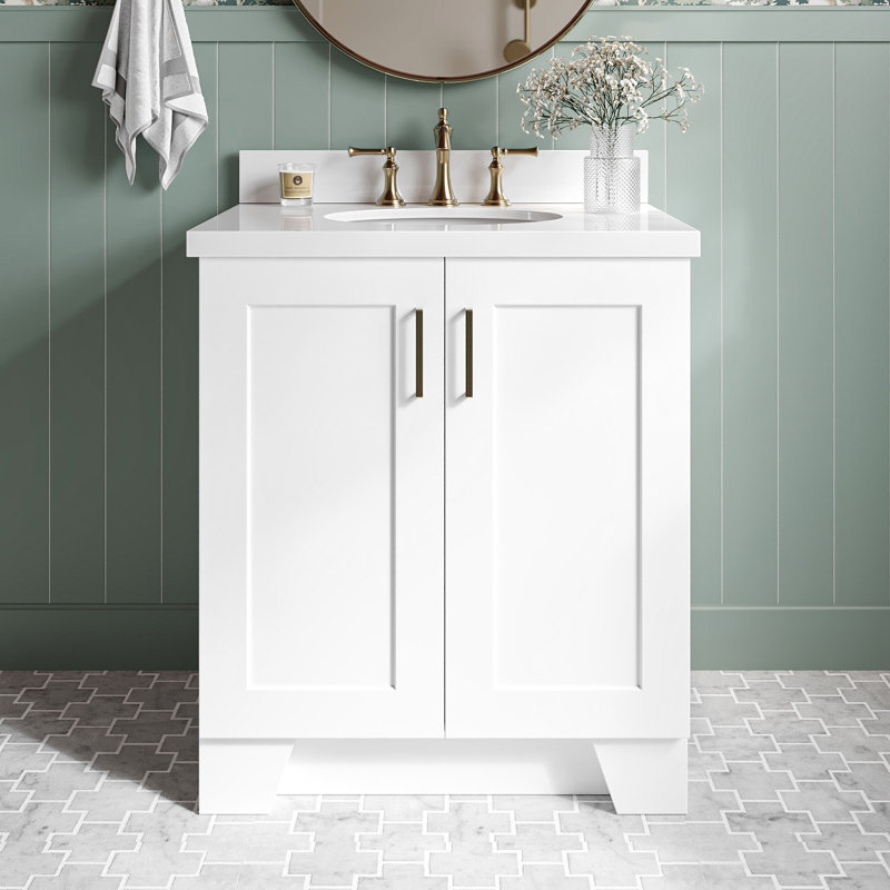 31 IN.  Single Bathroom Vanity, White, Oval, White Quartz