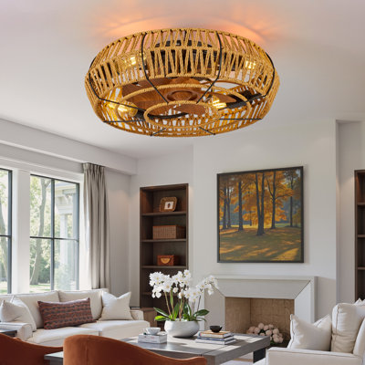 Ventilateurs de plafond en cage de 19 po avec lumières et télécommande, ventilateur de plafond encastré avec lumière Boho, ventilateur de plafond réversible sans lame à 6 vitesses avec 4 ampoules pour le salon.
