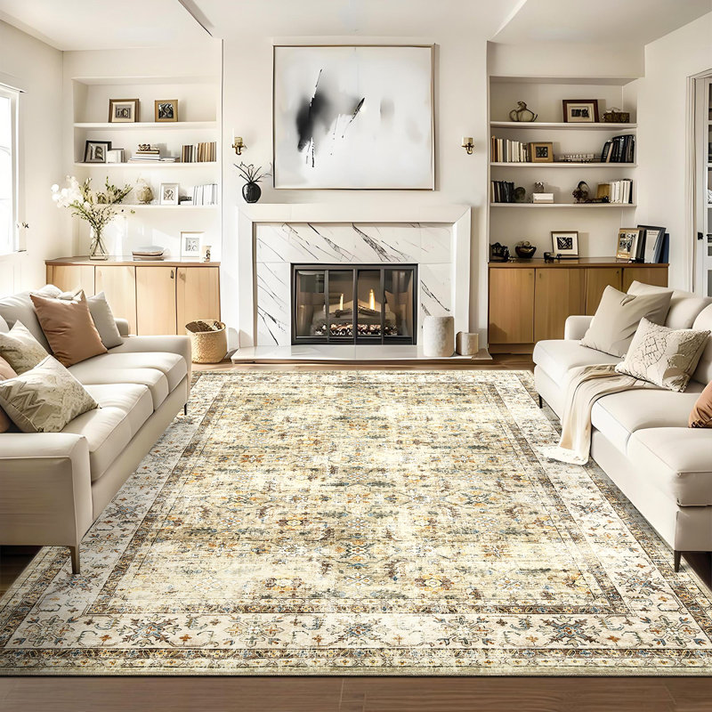 Washable Vintage Floral Printed Area Rug for Living Room Decor Non Slip Low Pile Thin Rugs for Bedroom Decor Entry Rug Stain Resistant Soft Distressed Carpet