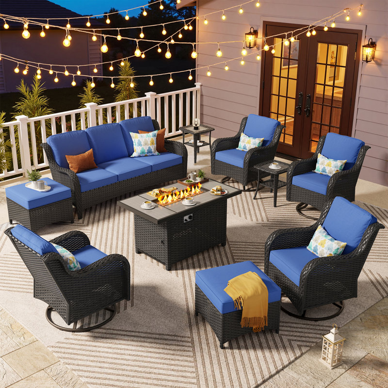 Outdoor Wicker 7 Person Seating Group With Cushions With A Fire Pit, Navy