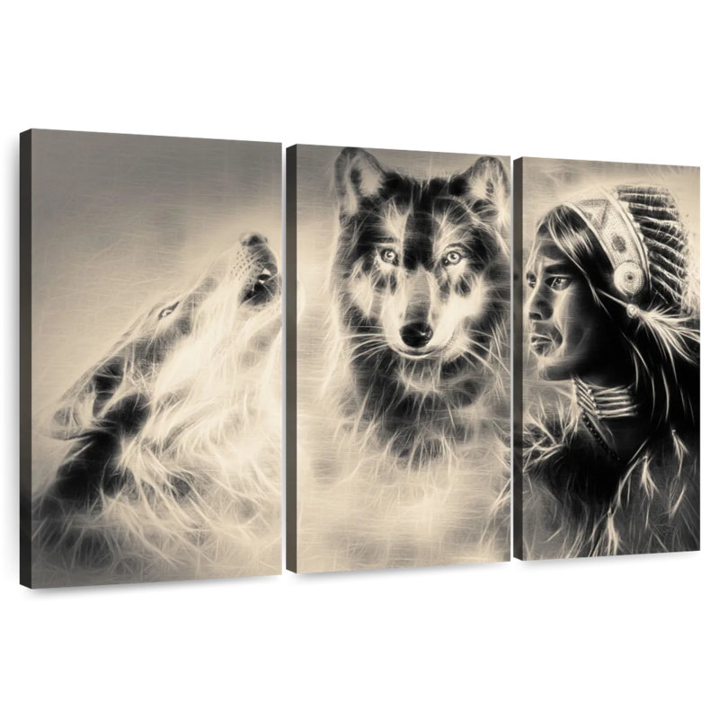 Leisha Native American Wolf Warrior, 24" H x 38" W