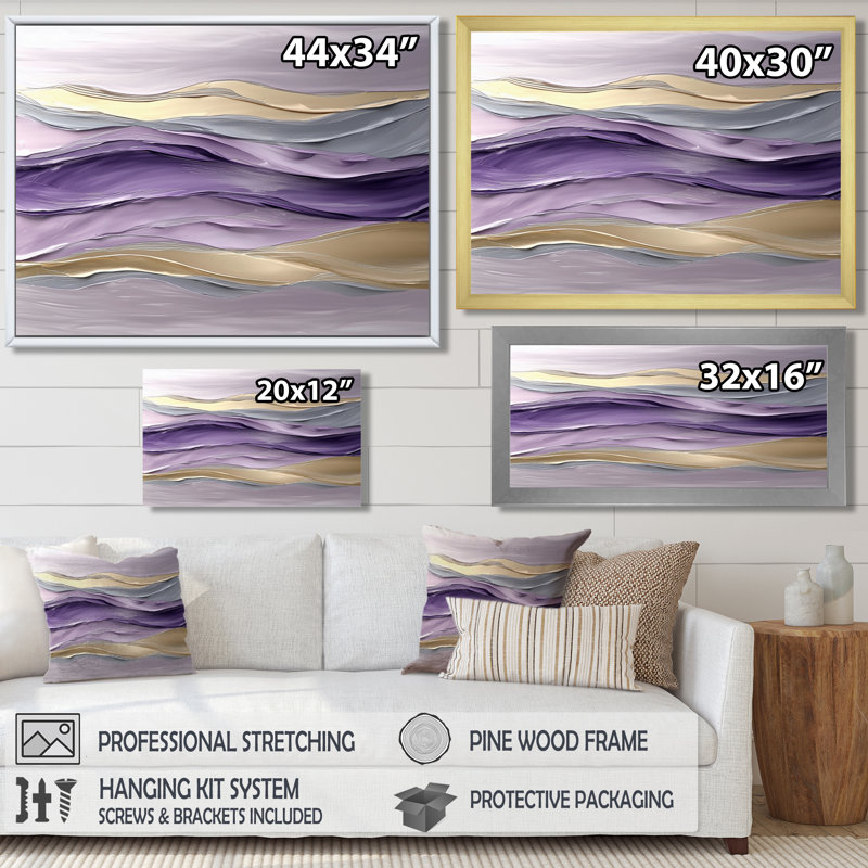 Lavande et pierres Transtitional Horizon II - art mural transitionnel, 28" H x 60" W, Cadre flottant, Doré