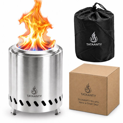 9.6 x 7.1 in Small Tabletop Fire Pit, Portable Mini Smokeless Table Top Firepit, Low Smoke Camping Stove for Outdoor & Patio, Fueled by Pellets or Wood, with Travel Bag, Stainless Steel, Silver