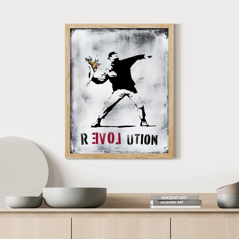 "The Revolution Man In Black Throwing Flowers Creative Banksy Graffiti Cement Grey Wall Decor" sur papier, Naturel