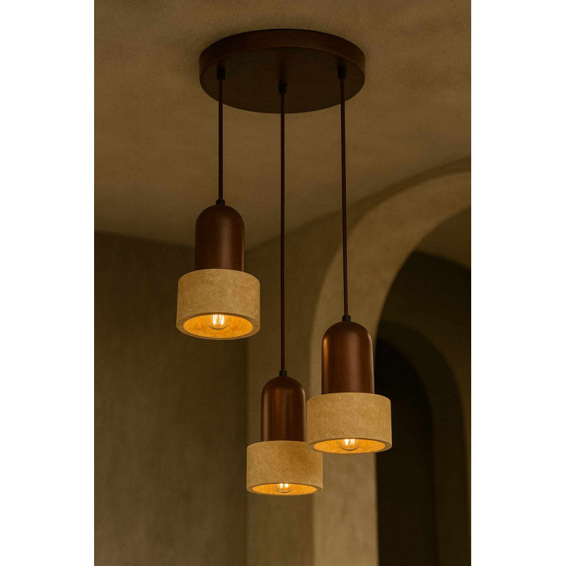 Lustre réglable élégant avec structure en bois, finition beige et noyer | 24 à 60,6 pouces de hauteur | Capuchon de diamètre 12 po x 7,5 po | 3 x douilles E27 (40 W maximum) | Éclairage élégant pour la maison et le bureau, classé IP20, ampoule non incluse