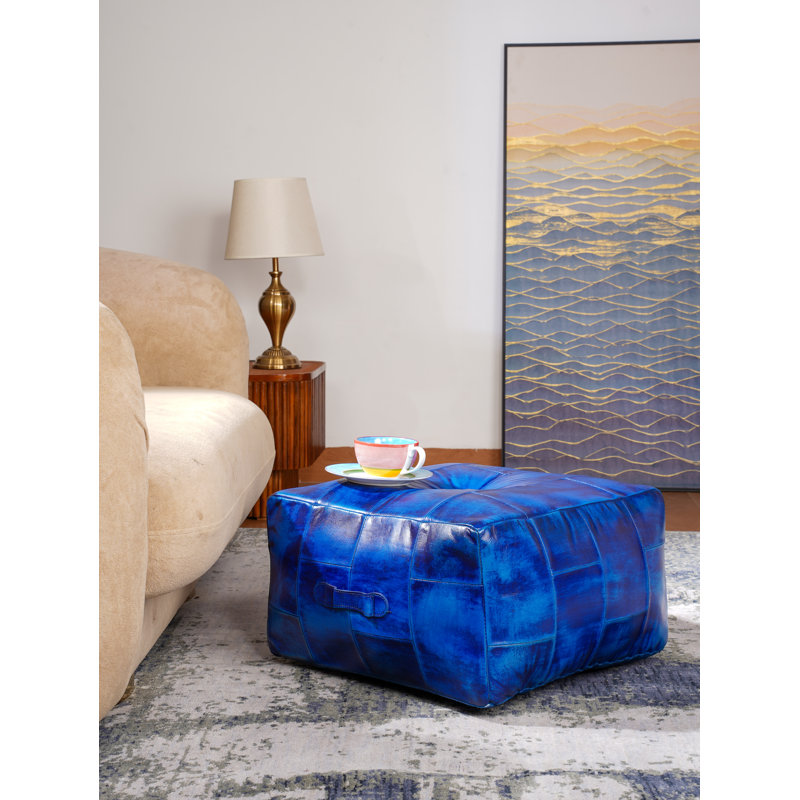 Solid Handmade Buffalo Leather Square Pouf (Recycled Foam With Fibre Fill), Blue Genuine Leather, 18" H x 18" W x 18" D