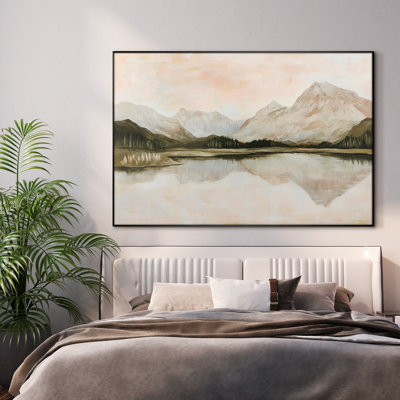 Extra Large Wall Art Fabric Print - Neutral Tones Mountain Lake Landscape Art, Serene Pastoral Reflection Artwork Decor for Living Room or Bedroom - "Frame Assembly Required (Unfinished Frame)"