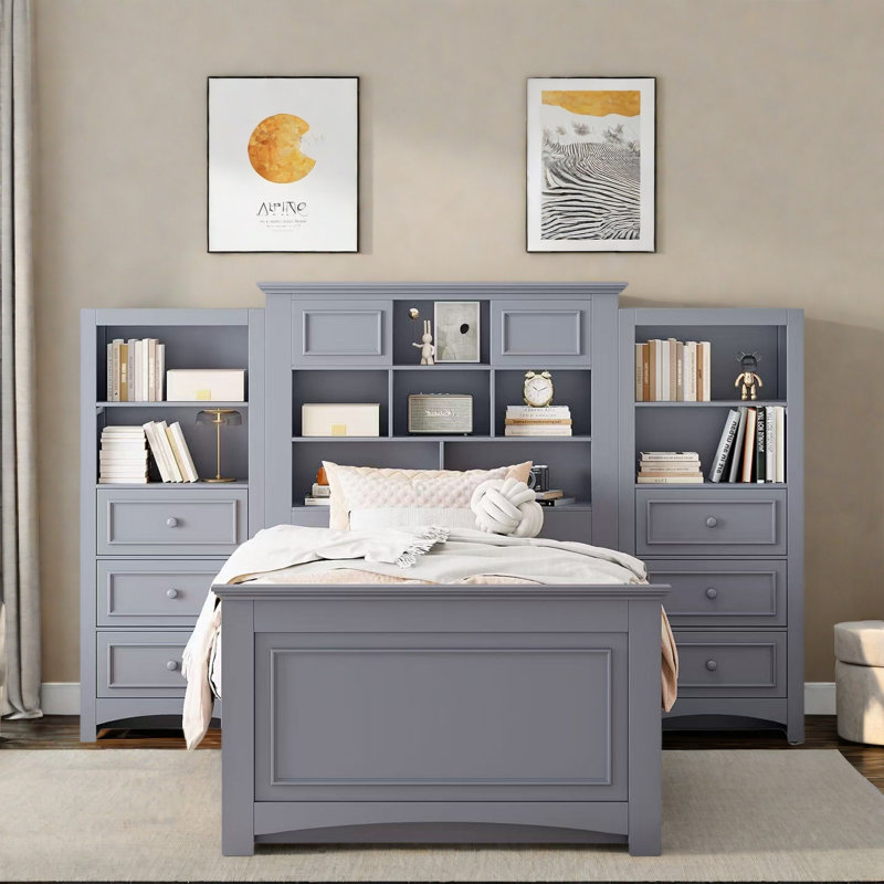 Lit plateforme en bois avec tiroirs et compartiments de rangement, Gris