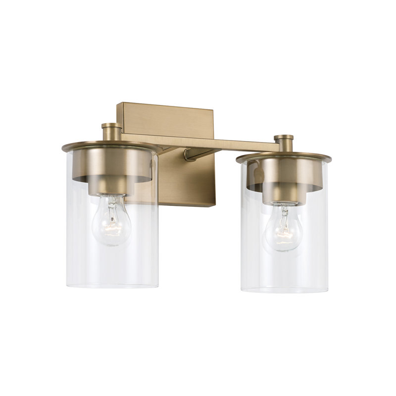Meuble-lavabo 2 lumières l 14 po x H 9 po en laiton vieilli avec verre transparent, Laiton vieilli