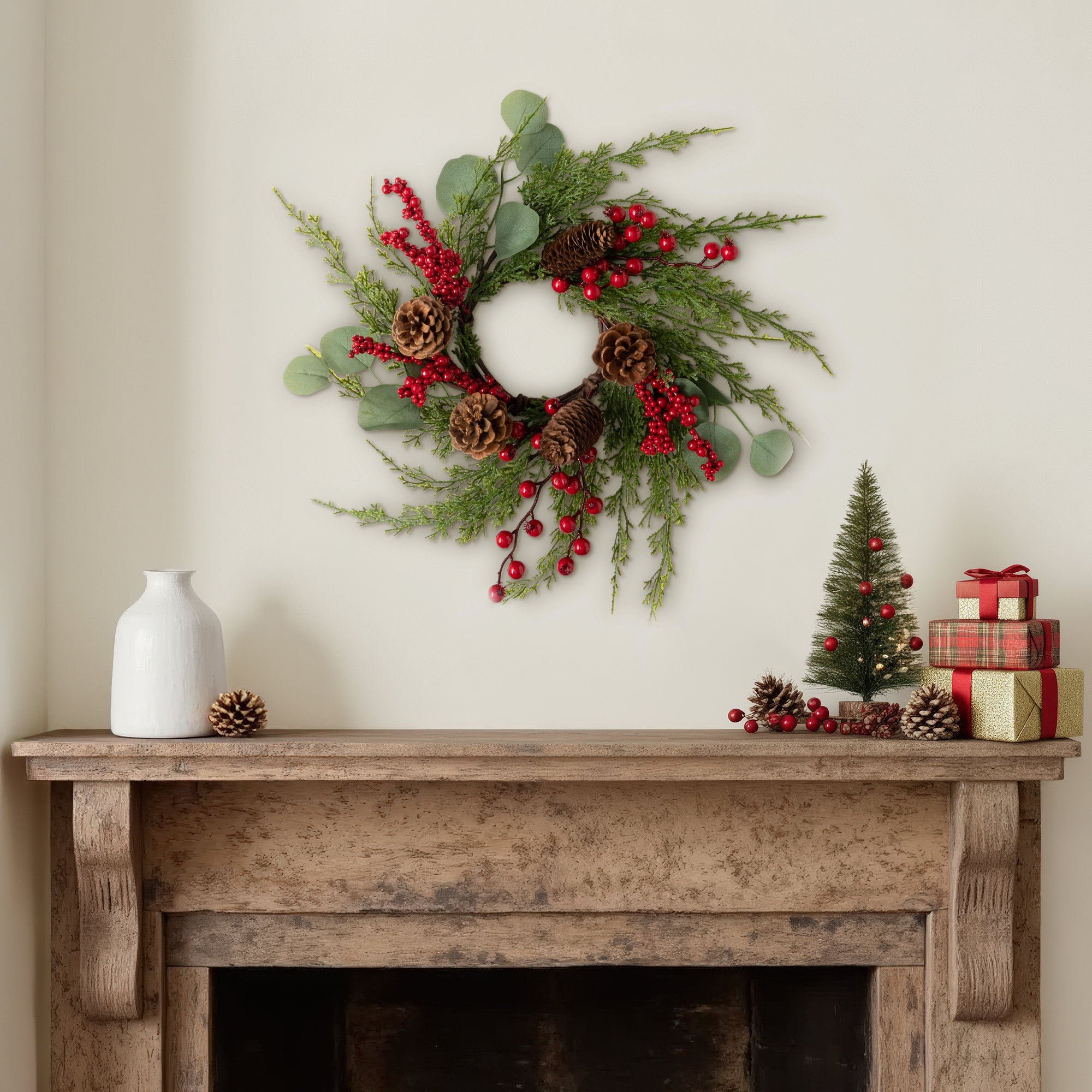 Faux Cedar Polyethylene Plastic Wreath, 15" H x 15" W x 3.5" D