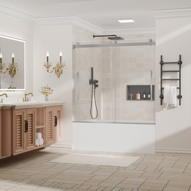 56-60 in. W x 58 in. H Semi-Frameless Double Sliding Tub Door with 1/4 in. Clear Tempered Glass in Brushed Nickel