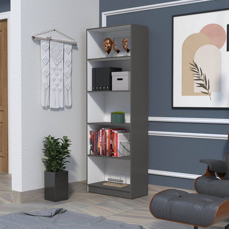 Bibliothèque Milton avec tablettes de rangement à niveaux, Gris / Blanc, (5 tablettes) H 71,11 po x l 24,71 po x P 11,71 po