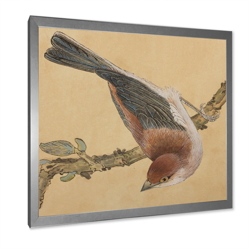 Oiseau chanteur rétro sur branche - décoration murale traditionnelle sur toile, H 16 po x l 16 po x P 1 po