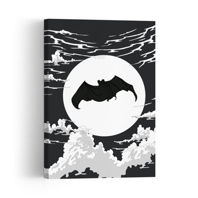 Flying Bat Full Moon Gothic Abstract Contemporary Bat Wildlife Landscape Wall Art Print 1 Piece Wrapped Canvas Wall Art