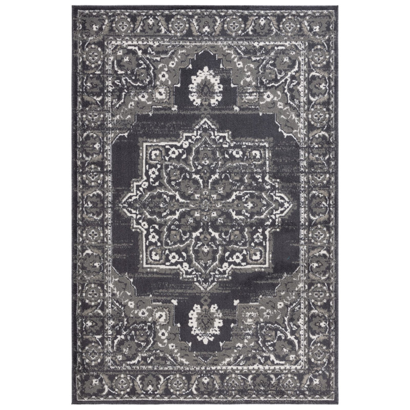 Tapis oriental gris anthracite / ivoire en polypropylène tissé à la machine, Rectangle 9 pi x 12 pi