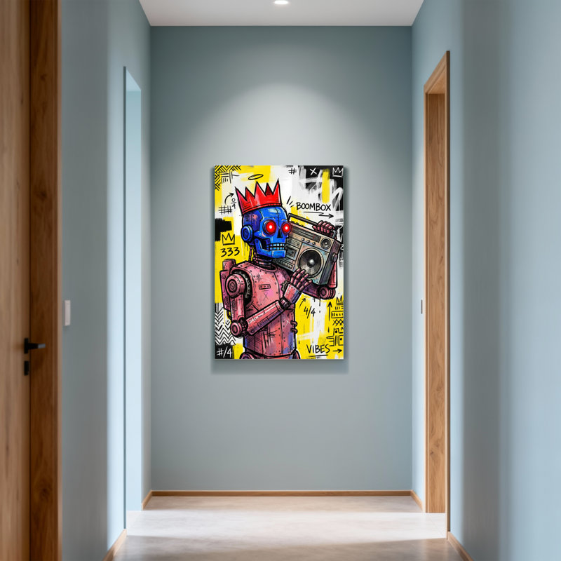 Robot mode avec couronne tenant un graffiti Boombox, H 36 po x l 24 po