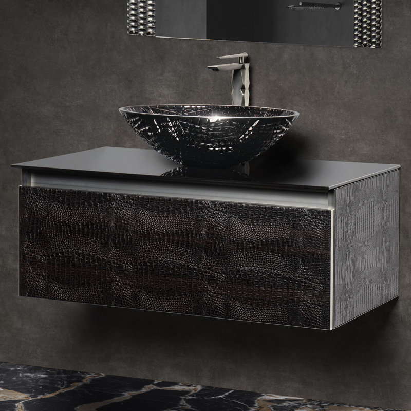 23.6 Single Bathroom Vanity with Top, 35", Black Tempered Glass, Dark Crocodile