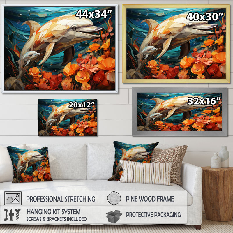 «Dolphin Marine Symphony Geometric - Dolphin», art mural, H 16 po x l 32 po x P 1 po, Cadre flottant doré