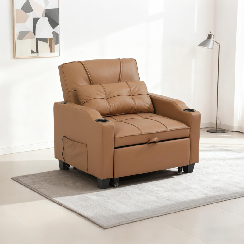 4 in 1 Convertible Sofa Chair Bed Pull Out Sleeper Recliner with Vibration Massage Lumbar Pillow USB and Type C Ports Cup Holders Side Pocket for Small Spaces