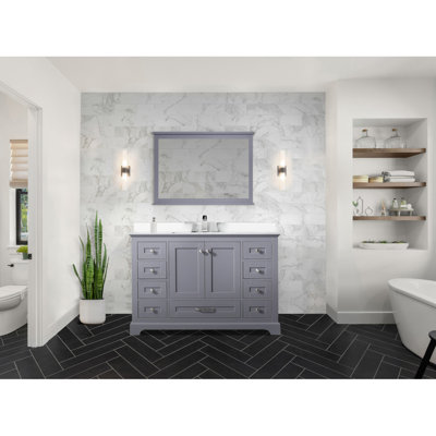 Meuble-lavabo simple gris foncé 48 po X P 22 po P, comptoir en quartz blanc, lavabo carré blanc et Miroir